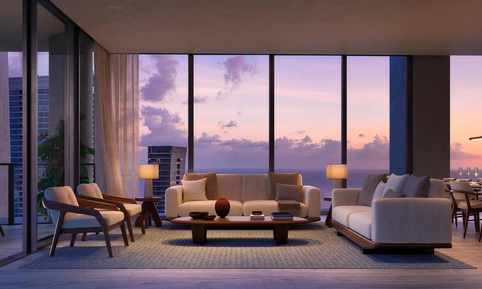 Living Room Seating at Dusk at ORA by Casa Tua in Brickell, Miami