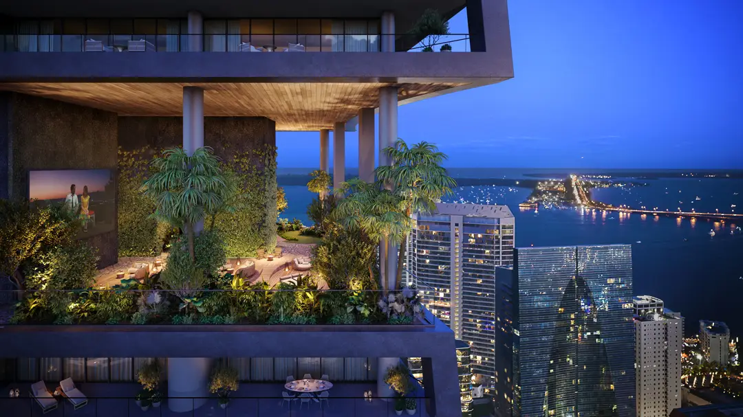 Bosco Garden and Bay Views at Night at ORA by Casa Tua in Brickell, Miami